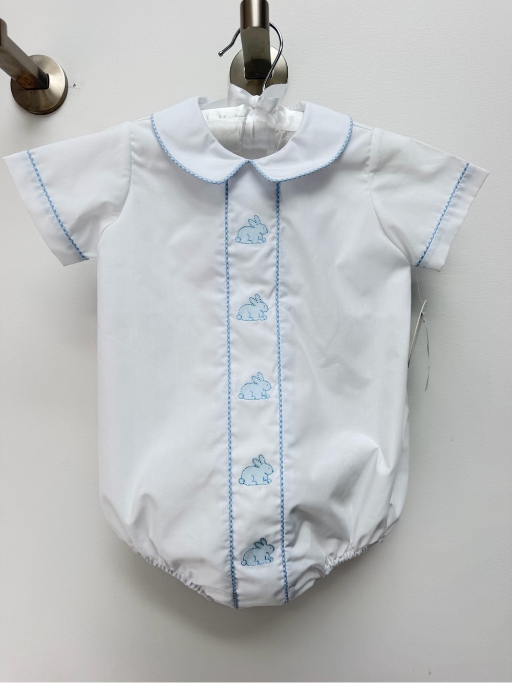 Edgehill Classic White Baby One-Piece with Blue Bunny Embroidery
